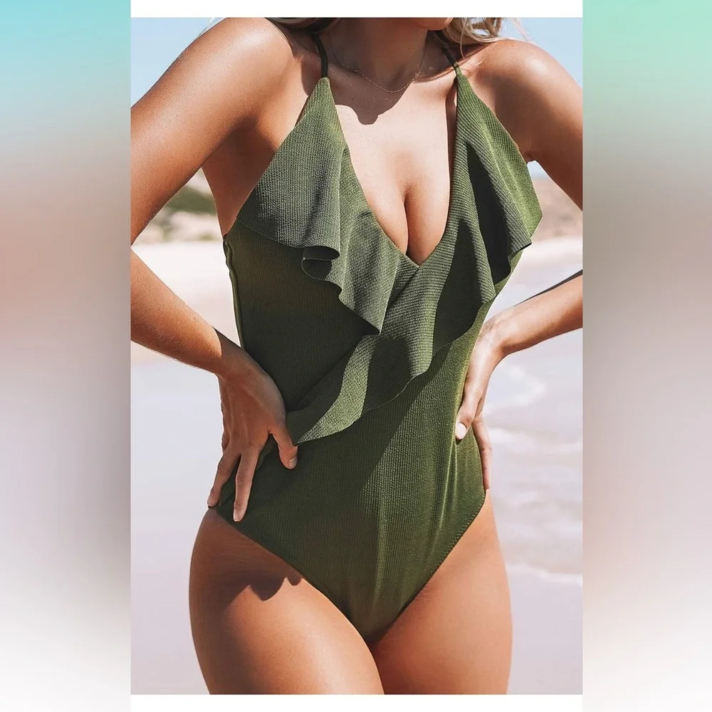 CUPSHE Women's One Piece Ruffle Wrap Textured Beach Swimsuit - Picture 2 of 6